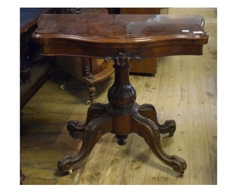 A Victorian burr walnut card table, on a carved column and four downswept legs, 86 cm wide   Condition report  Report by GHGe
