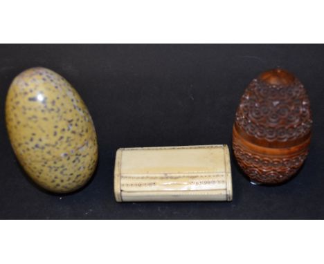 A 19th century bone snuff box, 6 cm wide, two daguerreotypes, and other items (qty)