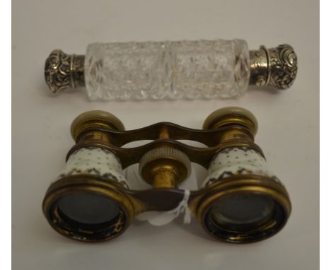 A glass double ended scent bottle, and a pair of opera glasses, with enamel decoration (2)   Condition report  Report by GHSe