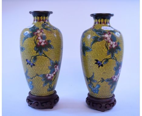 A pair of cloisonné vases, decorated flowers and foliage, 22 cm high, on stands (2)   Condition report  Report by GHBoth vase