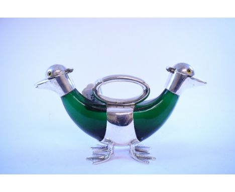 A green glass double decanter, in the form of a duck, with plated mounts, 14 cm high   Condition report  Modern