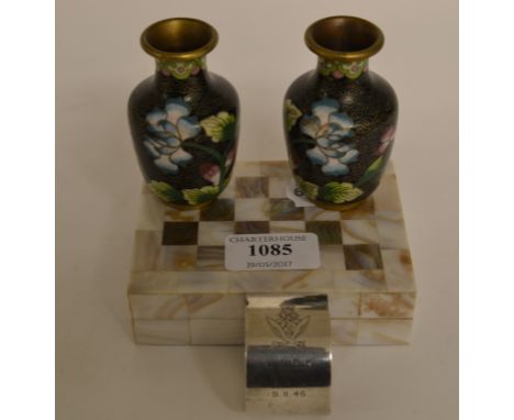 A pair of dwarf cloisonné vases, a mother of pearl box, silver forks, silver spoons and other items (box)