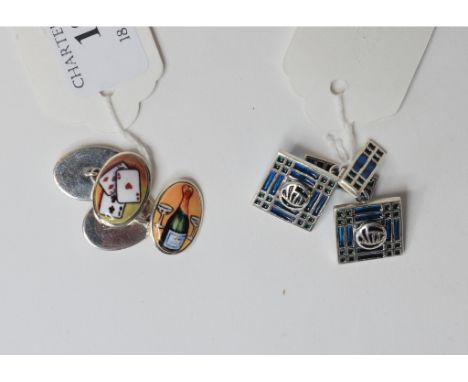 A pair of Charles Rennie Mackintosh style silver coloured metal and enamel cufflinks, and another pair (2)    Condition repor
