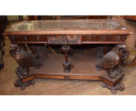 A table, the top carved in high relief with a scene of Napoleon Bonaparte in a rowing boat returning from exile on Elba, on f