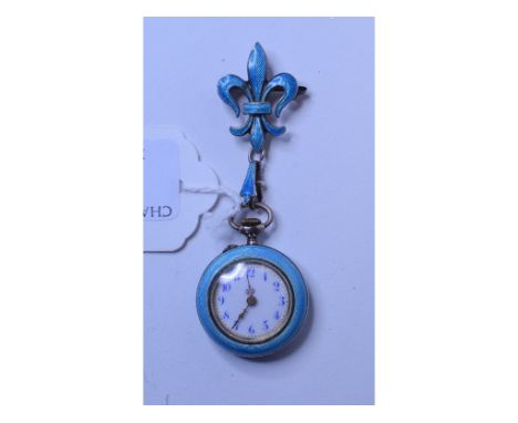A Continental silver and engine turned enamel fob watch, on a fleur de lys pin