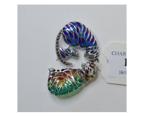 A silver coloured metal and enamel brooch, in the form of a cat, and another similar (2)    Condition report  Modern
