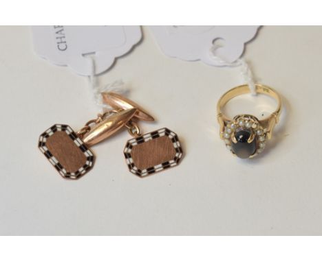 A 14ct gold dress ring (lacks one seed pearl), approx. J½ and a pair of 9ct gold and enamel cufflinks (2)