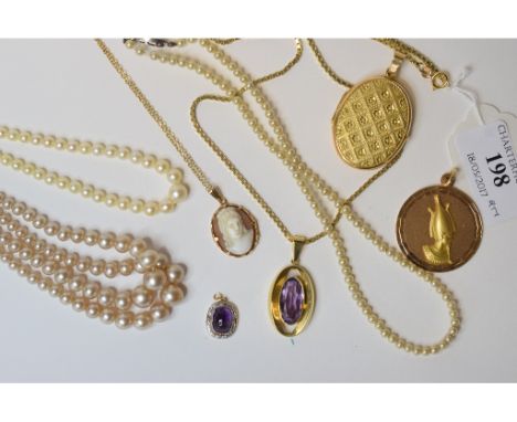 A 9ct gold and amethyst pendant, on a chain, a yellow metal pendant, an oval locket, and other items