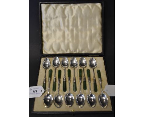 A set of twelve silver and jade coffee spoons, Birmingham 1934, boxed