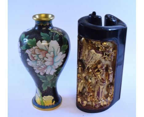 A Chinese carved and giltwood scroll, a cloisonne vase, and other items (box)