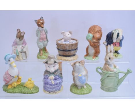 Nine Beswick Beatrix Potter figures, including Jemima and her Ducklings, and Yock-yock in the Tub, all BP-10a (9)