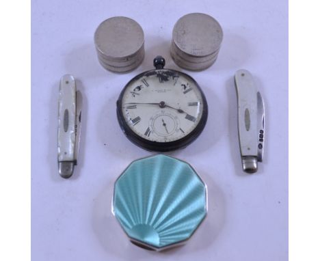 A silver and enamel powder compact, Birmingham 1931, two silver and mother of pearl fruit knives, a silver open face pocket w