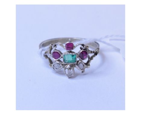 A 19th century Continental white coloured metal ring, set diamonds, rubies and an emerald, approx. ring size Q½