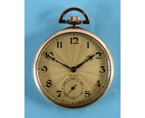 A 9ct gold Rolex open face pocket watch, with an engine turned dial and a subsidiary seconds dial, with an associated Kemp Br