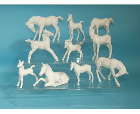 Ten Beswick foals, including a Foal, large, stretched, 2nd version, 836, all white and matt (10)   Condition report  Report b