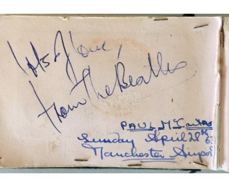 AUTOGRAPH BOOK - PAUL MCCARTNEY/THE SEARCHERS/CARL PERKINS. An autograph book (12x9cm) filled with signatures, ticket stubs a