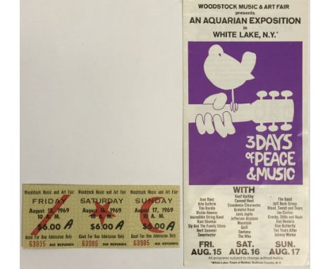 WOODSTOCK FLYER AND TICKET. To include an original 1969 folded flyer for the Woodstock festival in Ex condition. Also a three