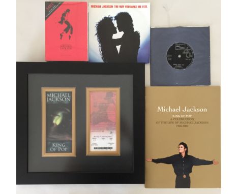MICHAEL JACKSON ART POSTCARDS/KING OF POP BOOK/FRAMED PICTURES. Seven pieces of Michael Jackson memorabilia to include: A mou
