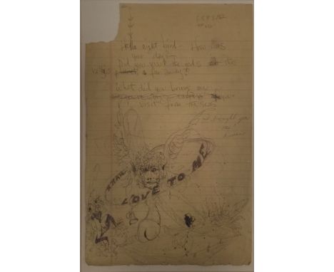 JIMI HENDRIX HANDWRITTEN LYRICS. A mounted and framed display to include a lined piece of legal paper (8 x 12") with a set of