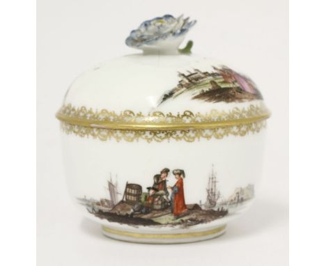 A Meissen Sucrier and Cover,c.1900, painted with figures next to a lake and a harbour, the knop in the form of a flower, chip