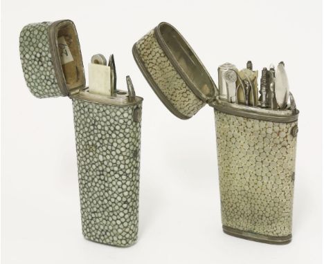 A shagreen gentleman's etui,18th century, fitted with:scissors,two prong fork,knife,two handles,helix,lancet,pencil,dip pen,f