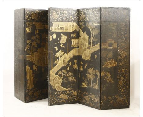 A six-leaf black lacquered screen,  painted all over in gilt with chinoiserie scenes within borders of trailing flowers and f