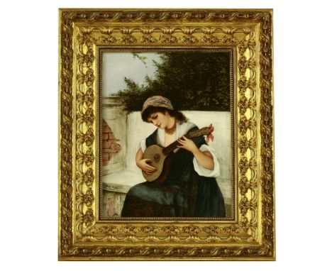 An earthenware Plaque,1884, by Bessie Gilson, signed, of a gipsy girl playing a lute on a plastered brick garden seat,30 x 40