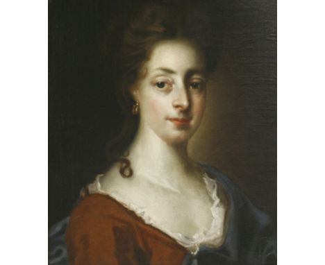 Circle of Thomas Murray (1763-1734)PORTRAIT OF A LADY WEARING A RED LACE TRIMMED DRESS WITH A BLUE CAPEOil on canvas46 x 40cm