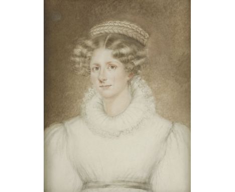English School, c.1840  PORTRAIT OF A LADY, HALF LENGTH, IN A WHITE DRESS AND WHITE RUFFPencil and watercolour45 x 35cmThe Ol