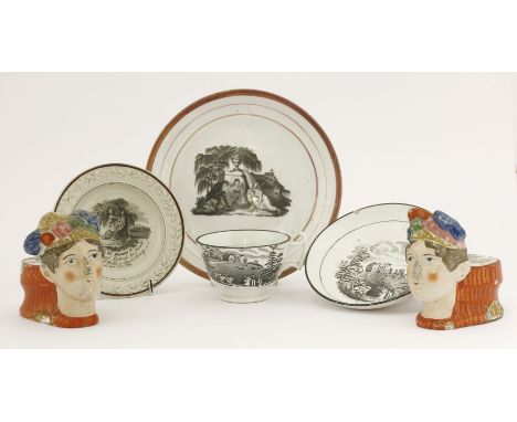A small collection of pottery commemorating Princess Charlotte,a bat-printed cup and saucer,with a view of Claremont House, i