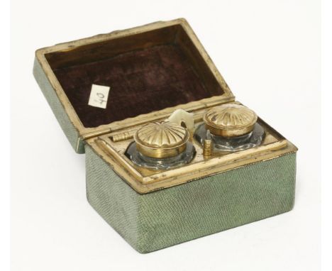 A shagreen travelling pen and ink set,c.1780, the gilt metal interior with an inkwell and sander, a dip pen, a pencil and att