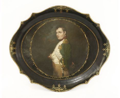 A toleware oval tray,early/mid 19th century, painted with a portrait of Napoleon in a gilt reserved panel, within gilt and gr