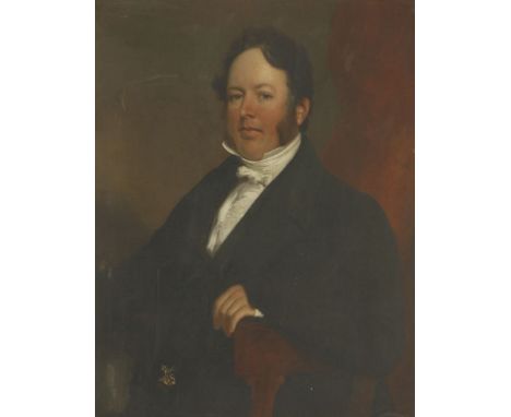Ramsey Richard Reinagle RA (1775-1862)PORTRAIT OF A GENTLEMAN, HALF LENGTH SEATED, IN A BLACK COAT AND WHITE STOCK, WITH AN O