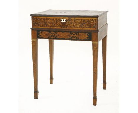 An attractive inlaid walnut box on stand,   probably 18th century, the hinged top with a central panel inlaid with pan pipes 