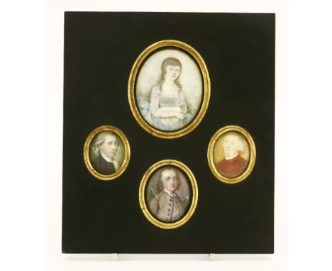 English School, c.1800PORTRAIT OF JANE LYSTER, HALF LENGTH, IN A MAUVE DRESS WITH BLUE RIBBON Miniature on ivory, oval 6.4 x 