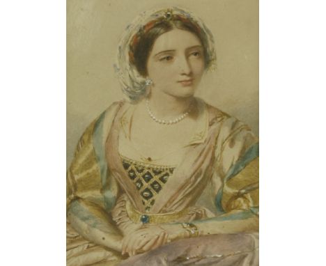 John William Wright OWS (1802-1848)PORTRAIT OF ELEANOR OF CASTILE, HALF LENGTH, IN ORIENTAL COSTUMEWatercolour heightened wit
