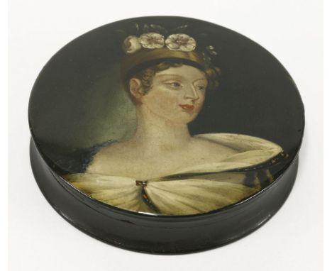 A papier mâché snuff box and cover,c.1820, the cover with a portrait of Princess Charlotte,10.5cm diameter (2)