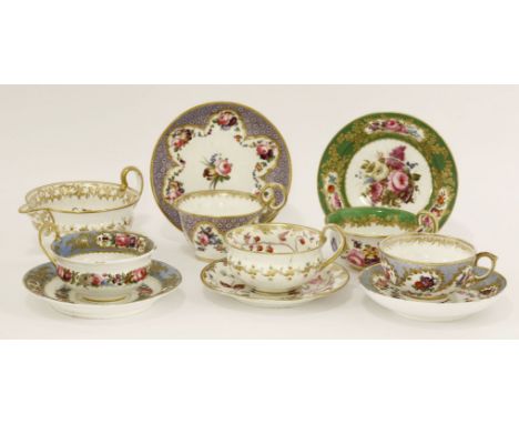Two Coalport feldspar porcelain Cabinet Cups and Saucers,   c.1820, with floral and gilt decoration, Society of Arts printed 