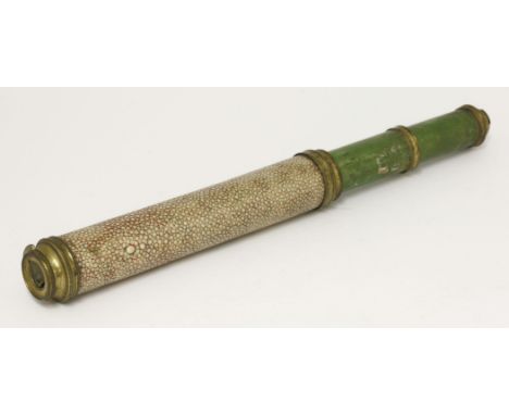 A dyed shagreen cased three-drawer telescope, mid 18th century, the green leather-mounted drawer gilt embossed 'Sterrop Londo