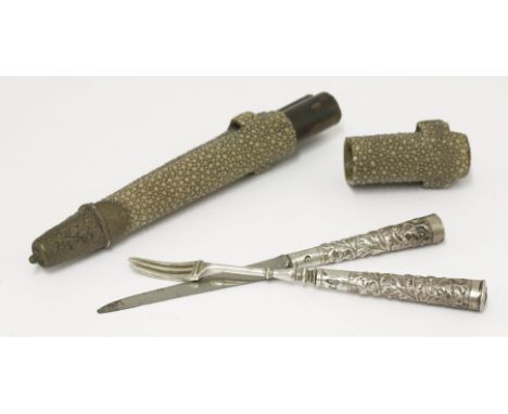 A silver travelling knife and fork set, 18th century, with a shagreen and silver mounted case, the implements with embossed f