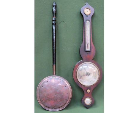 19th century rosewood framed wheel barometer, plus copper bed warming pan both used. glass missing from top part of barometer