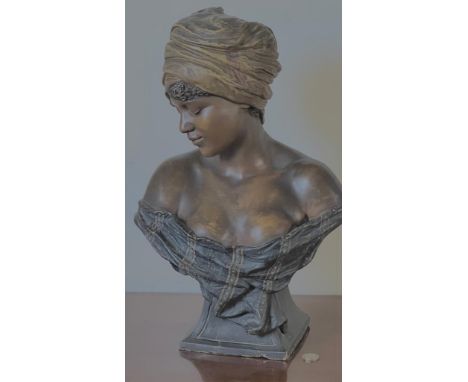 GOLDSCHEIDER PLASTER BUST OF A NUBIAN LADY, CIRCA 1900, APPROX 38cm HIGH SLIGHT RUBBING AND MINOR DAMAGE