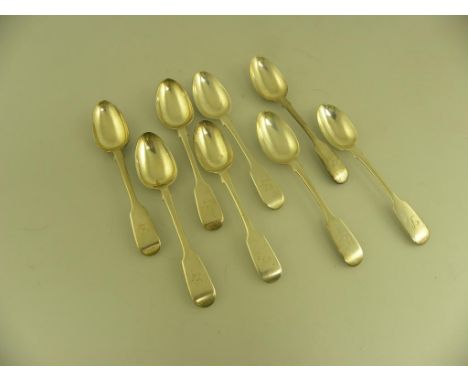 A COMPOSED SET OF EIGHT VICTORIAN SILVER TEA SPOONS, FIDDLE PATTERN, ALL LONDON INCLUDING A SET OF FIVE, 1850, 6OZS 10DWTS