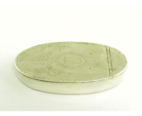 A GEORGE III SILVER BRIGHT CUT OVAL SNUFF BOX, THE LID WITH INTEGRAL HINGE, CRESTED, LONDON 1790, 2OZS