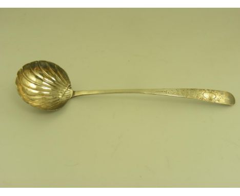 IRISH PROVINCIAL SILVER.  A GEORGE III SOUP LADLE, WITH SHELL BOWL AND ENGRAVED HANDLE, CRESTED, BY CARDEN TERRY OF CORK, MAK