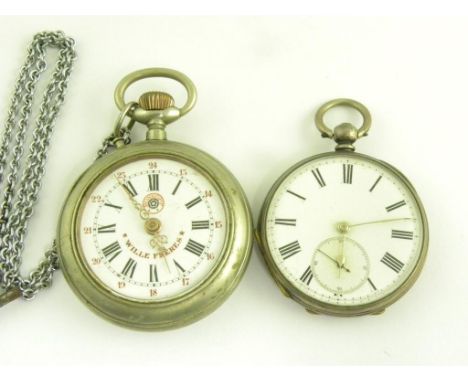 A NICKEL PLATED KEYLESS ROSKOPH WATCH WITH ENAMEL DIAL AND SILVER LEVER WATCH