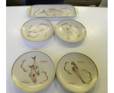 A POOLE POTTERY FISH AND SANDWICH SET DESIGNED BY TRUDA CARTER AND PAINTED IN CORAL PINK AND GREY WITH FISH, C1955