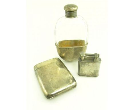 A GEORGE V SILVER DOUBLE HINGED  CIGARETTE CASE, BIRMINGHAM 1920, A VICTORIAN SILVER MOUNTED FACETED GLASS HIP FLASK WITH DET