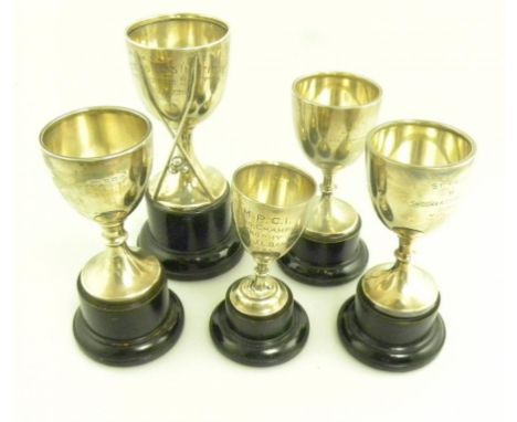 FIVE  SILVER TROPHY CUPS, VARIOUS SIZES, MAKERS AND DATES