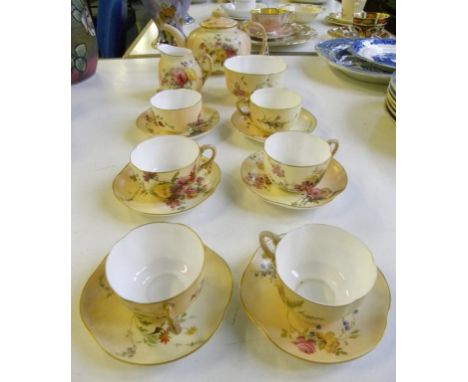 A ROYAL WORCESTER TEA SERVICE, PRINTED AND PAINTED WITH FLOWERS ON A SHADED APRICOT GROUND, PRINTED MARK, C1900